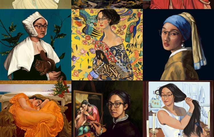 Two horizontal rows of three digital paintings. Each copied master painting features an Asian woman with glasses in a different poses and against different backdrops. Top row left to right: Portrait of a Lady with a Squirrel and a Starling, Hans Holbein the Younger; Lady with a Fan, Gustav Klimt; Girl with a Pearl Earring, Johannes Vermeer. Bottom row left to right: Flaming June, Frederic Leighton; Self Portrait, Sofonisba Anguissola; At the Dressing Table, Zinaida Serebriakova