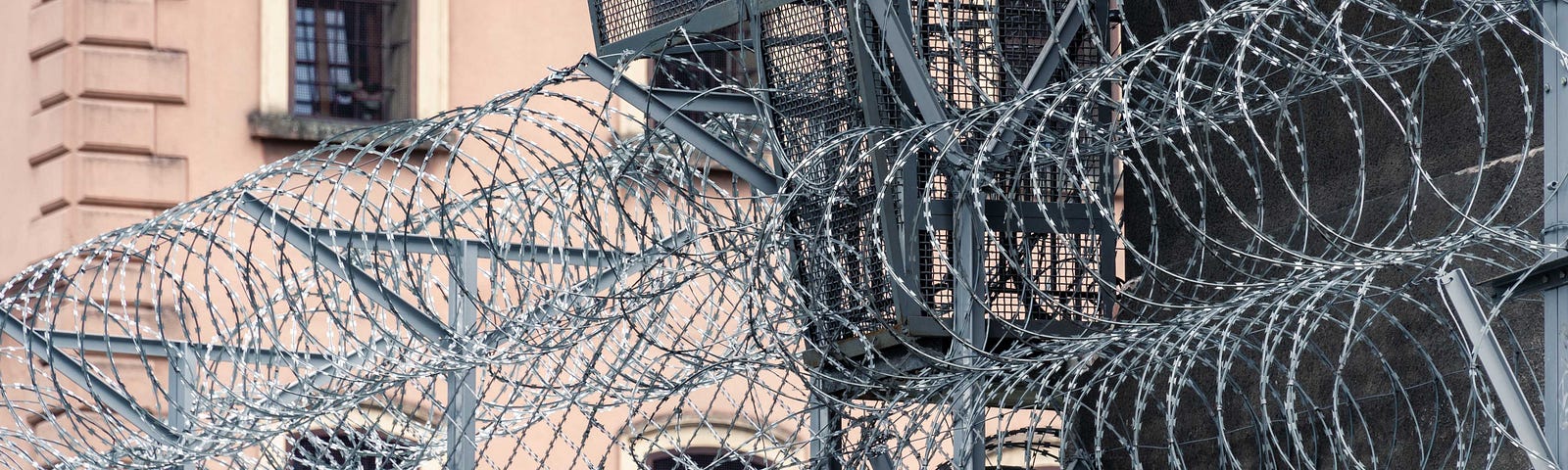 A close-up of the top of a barbed-wire fence.