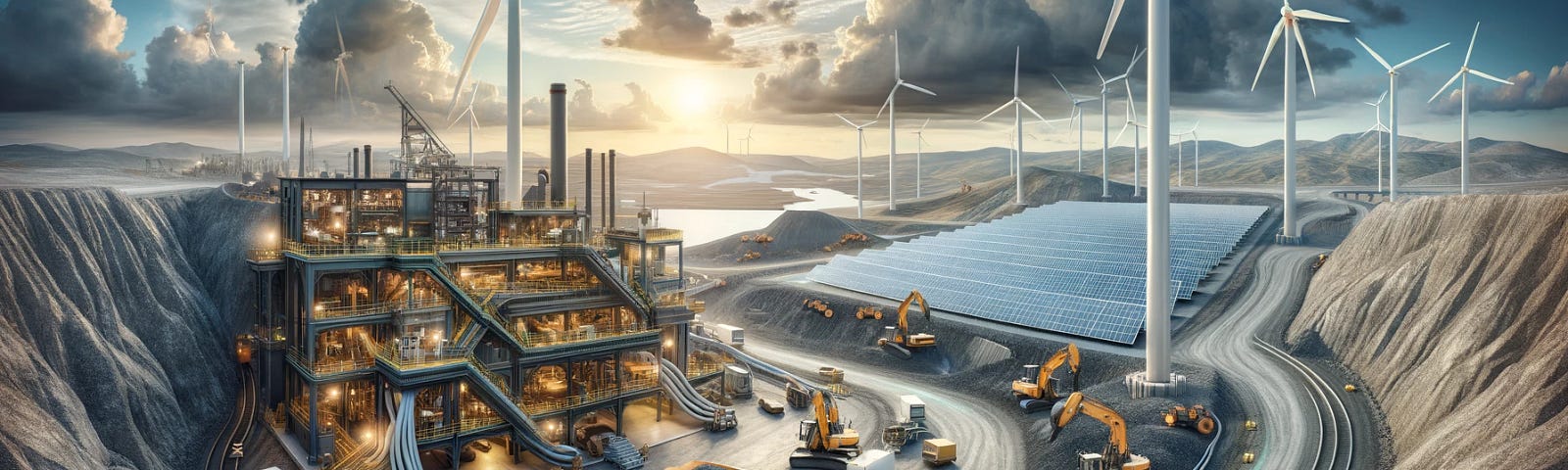 ChatGPT & DALL-E generated panoramic image depicting a modern mine with electric trucks and equipment, powered by wind turbines and solar panels