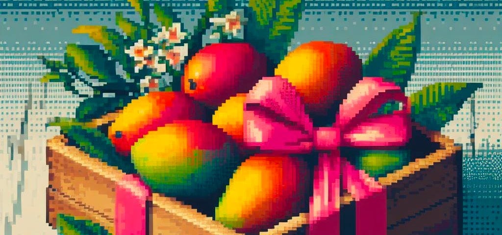 A colorful painting of a gift box of mangos, in the style of 1800s, pixel art