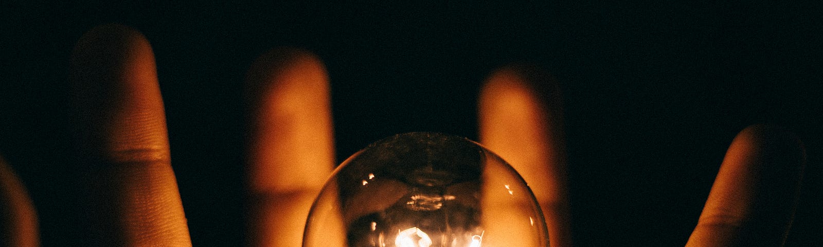 A palm faces away from us as an old-fashioned clear round lightbulb (with a lit filament) floats above it. Dark background.
