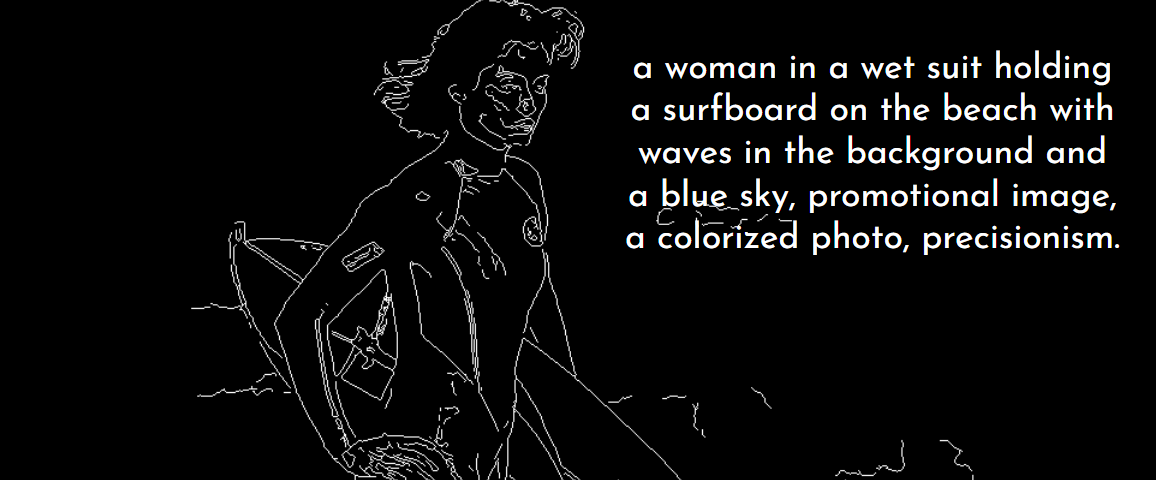 Black and white line drawing generated by the ControlNet Canny model, depicting a woman in a wetsuit holding a surfboard on the beach. A text from CLIP Interrogator, describing an image, is superimposed over the drawing and reads: “a woman in a wet suit holding a surfboard on the beach with waves in the background and a blue sky, promotional image, a colorized photo, precisionism.”