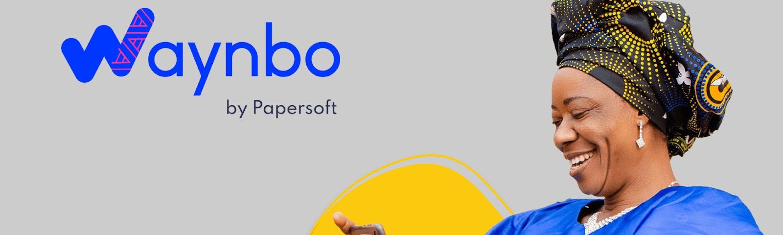 Title Image for Waynbo by Papersoft — Shared Agent Network. Depicts a Nigerian woman with a smartphone.