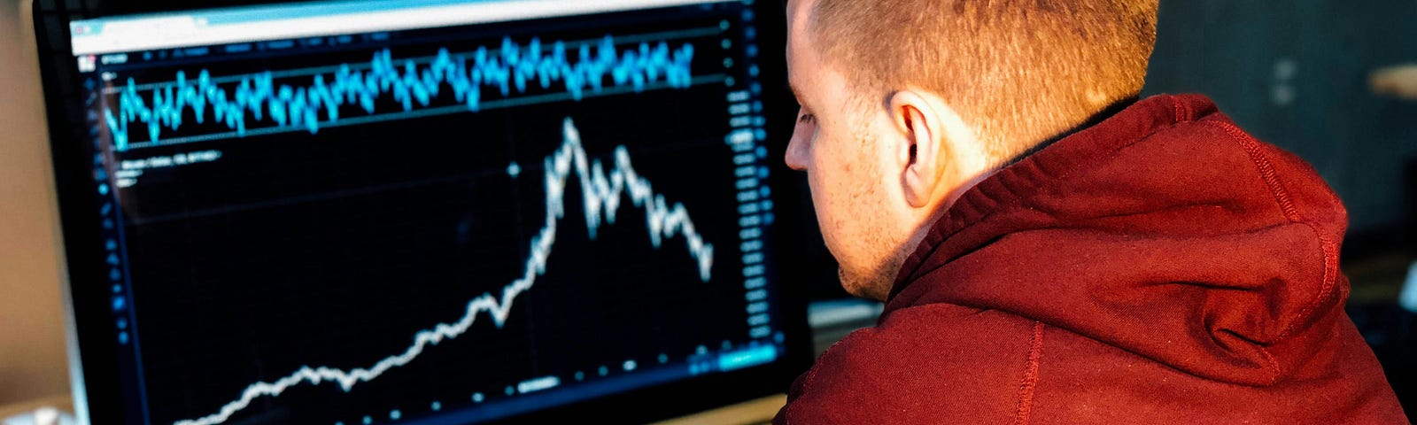 A student looking at stock charts on his computer