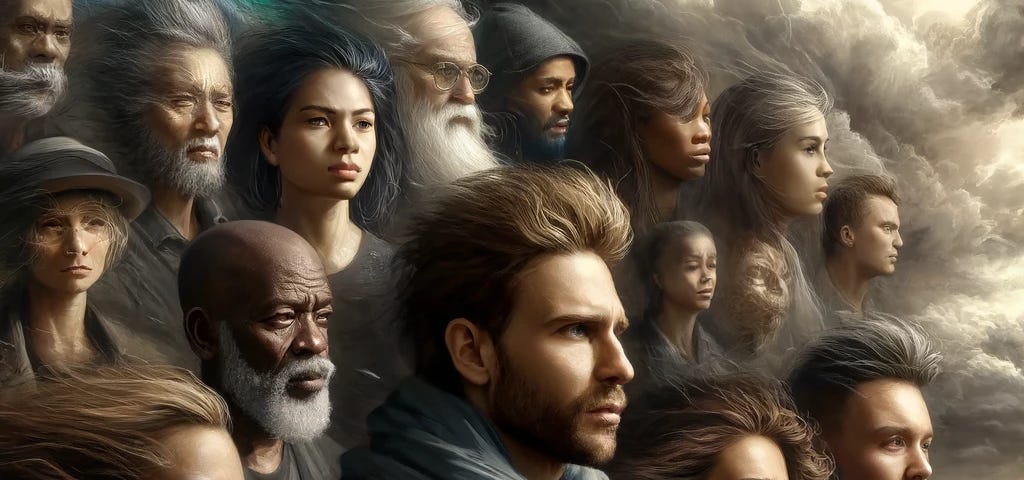 Diverse group stands united in a storm, faces of resilience against dark clouds, hinting at hope and strength within. Perfect mix of chaos and calm, reflecting a journey of growth.
