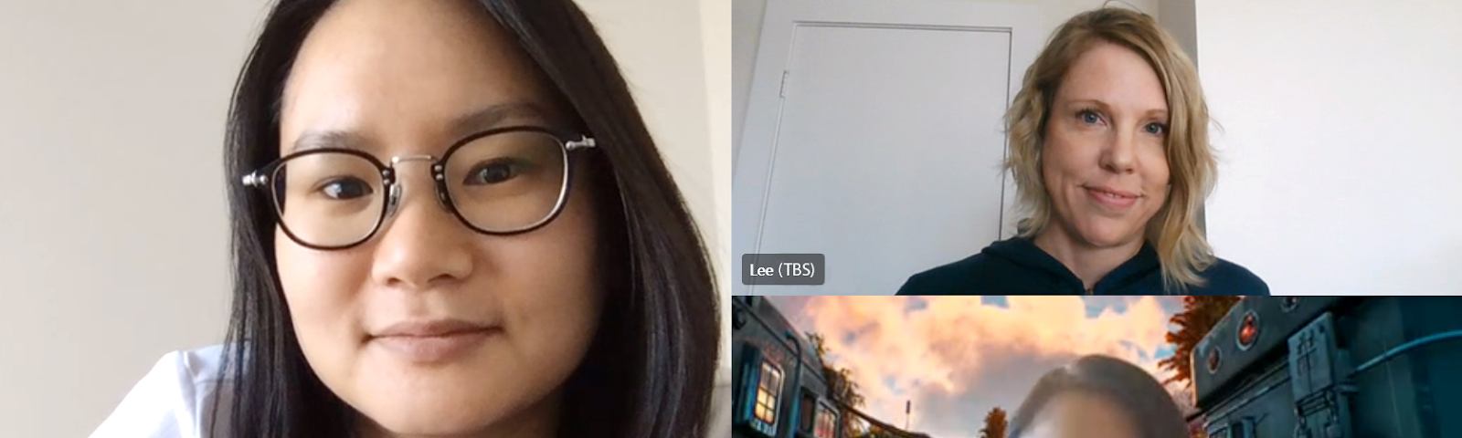 A screen capture of the team — Lucia (left), Lee (top right) and Kitty (bottom right) — having a virtual meeting.