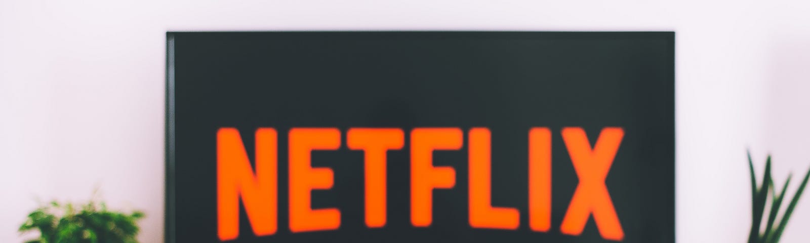 Netflix logo on a television screen with a potted plant on either side. A hand pointing a remote at the screen in front