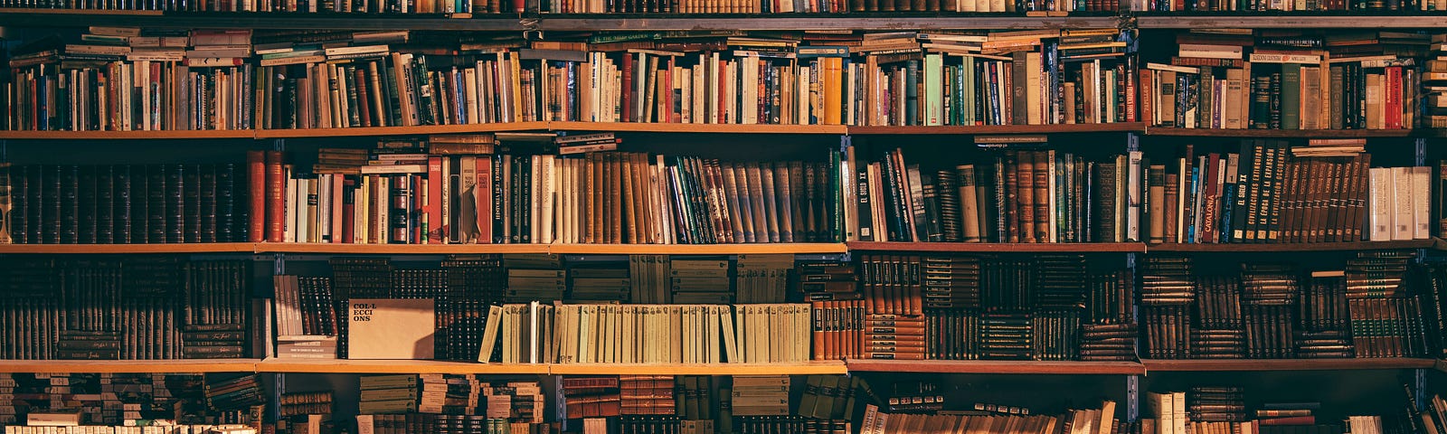 A large bookshelf with books and journals on display.