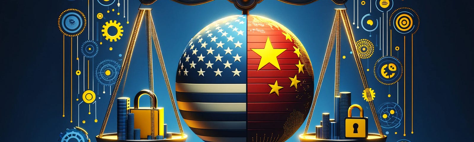 A scale balancing locks and money supported by a globe divided between the United States and China