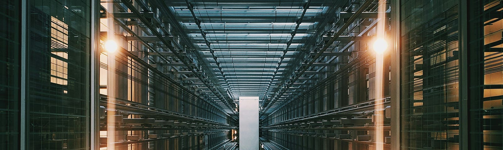 A dim light view of a server room