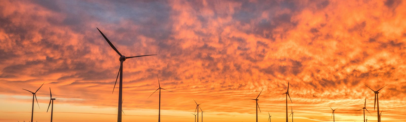 wind turbines in a field, in front of a setting sun