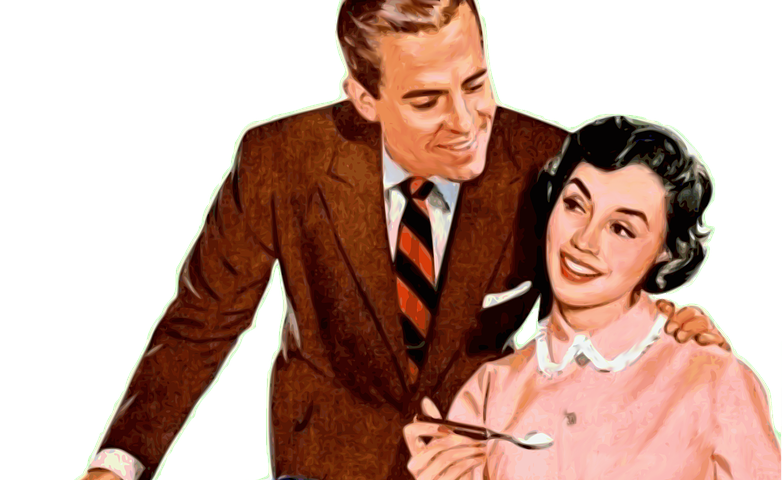 An illustration is commonly seen in the ’50s of a young couple with a man dressed in a business suit leaning over to give his wife to give her a peck on the cheek. She’s sitting and wearing a crisply ironed dress ready to enjoy  a cup of coffee.