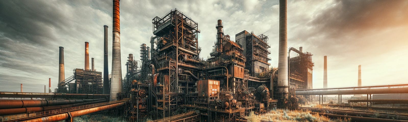 ChatGPT & DALL-E generated panoramic image of a non-operational and rusting coal plant, overtaken by nature. The illustration captures the essence of decay and abandonment, with nature slowly reclaiming the industrial site.