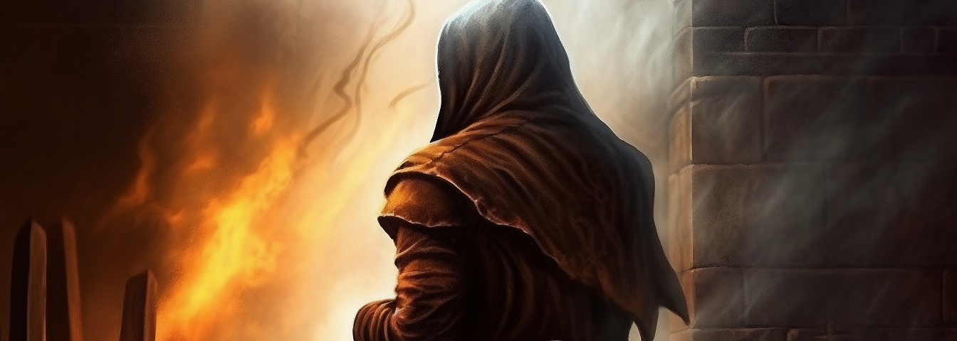 a hooded warrior in profile, backed up against the wooden wall of a burning tower