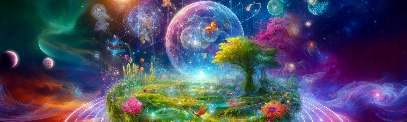 A vivid, multidimensional scene illustrating the Holographic Principle and Biocentrism. The image depicts a lush, interconnected biosphere with vibrant plant and animal life seamlessly blending into a cosmic backdrop. The universe is shown as a holographic projection with ethereal, glowing lines connecting different forms of life, symbolizing the biosphere’s self-awareness and interaction with the quantum field. The overall atmosphere is futuristic and mystical, reflecting the profound interconn