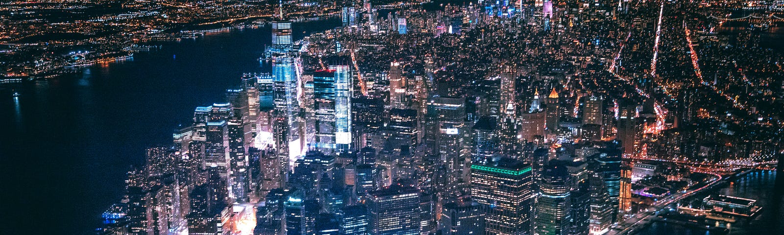 Aerial view of Manhattan skyline at night