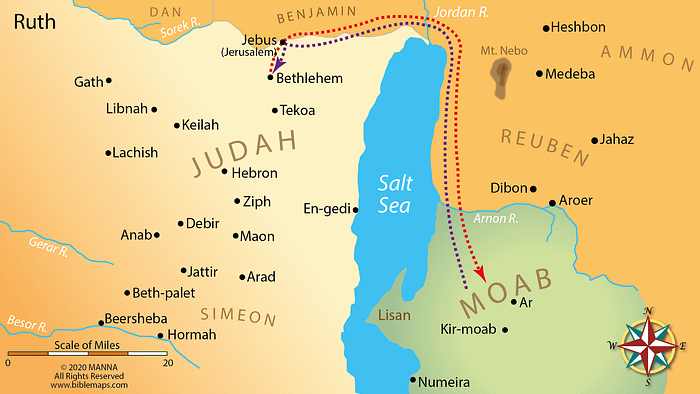Map of Judah & Moab showing journeys taken