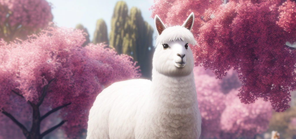 An alpaca grazing peacefully under cherry blossom (via Mid Journey)