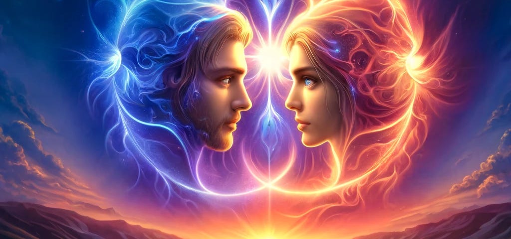 High-resolution digital painting of two unique individuals symbolizing soul mates, connected by a mystical thread of fate in a serene natural setting at dusk, reflecting deep emotions and a colourful aura.