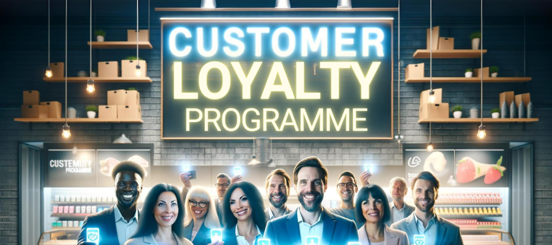 A vibrant scene in a modern retail environment showing a diverse group of customers happily engaging with a ‘Customer Loyalty Programme’. Each person is holding a loyalty card or a smartphone with a rewards app, symbolizing the inclusive and rewarding nature of the programme.