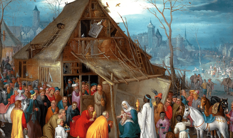 Fine old art work, several religious figures gathered around a barn-like dwelling