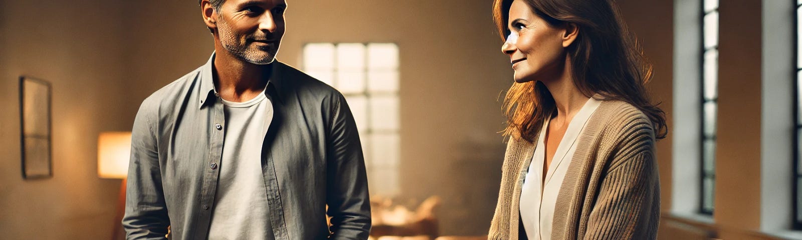 A man and woman in their 50s making eye contact across a room, with slight smiles hinting at mutual interest