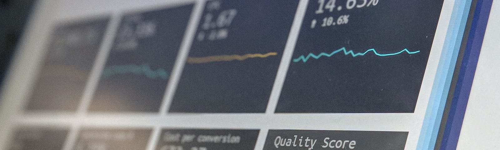 A screen showing several graphs accompanied in yellow and green-bluish line. What the graph is about isn’t clearly visible, but one says “Quality Score”.