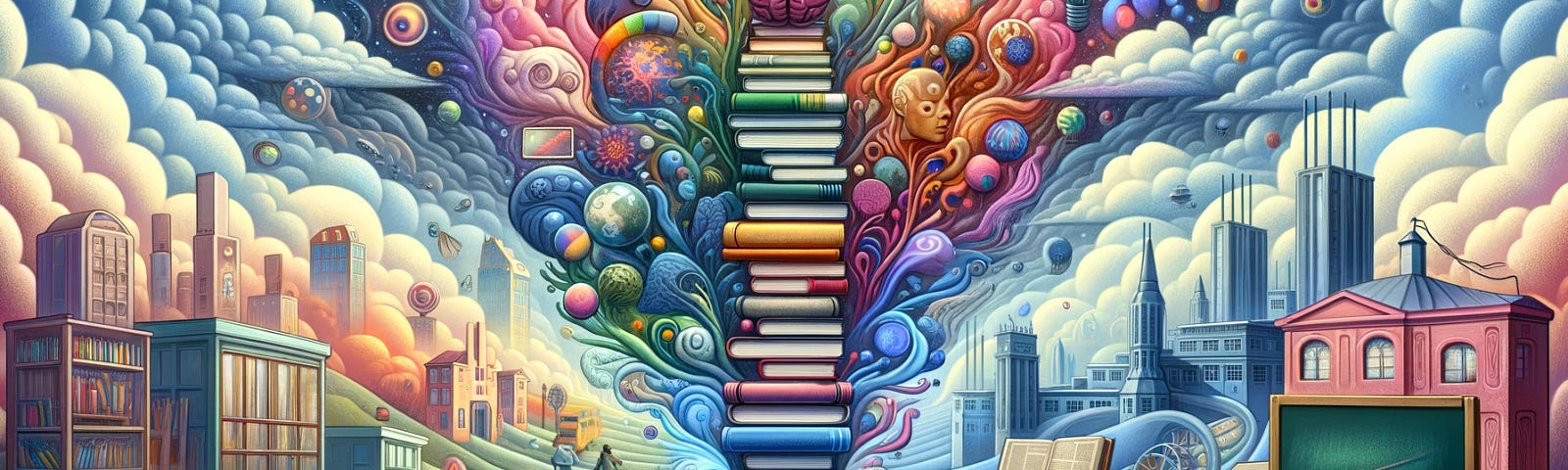 A person sitting amid a large pile of colorful books, with a whimsical landscape consisting of a school setting with a chalkboard, through a futuristic university, to a sci-fi environment with futuristic buildings