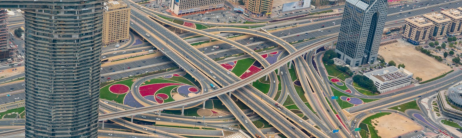 A chaotic highway scene from above.
