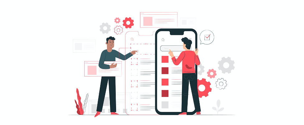 Vector art of two people interacting with the screen and UX elements of a person-sized smartphone, surrounded by gears.
