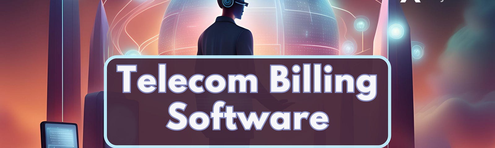 A futuristic image symbolizing digital transformation, featuring elements related to telecommunications, billing software, and automation. The center of the image features the theme of the title, stating “Telecom Billing Software” in white lettering outlined in light purple using bold soft edge lettering, overlaid on a dark circular rectangle, mildly transparent, which is outlined in the same light purple. The Alternative Payments logo, in white and grey lettering in the top right corner.