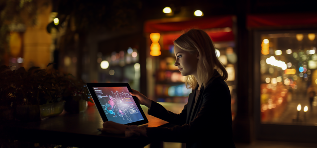 A student interacting with an AI — powered language learning app on a tablet.