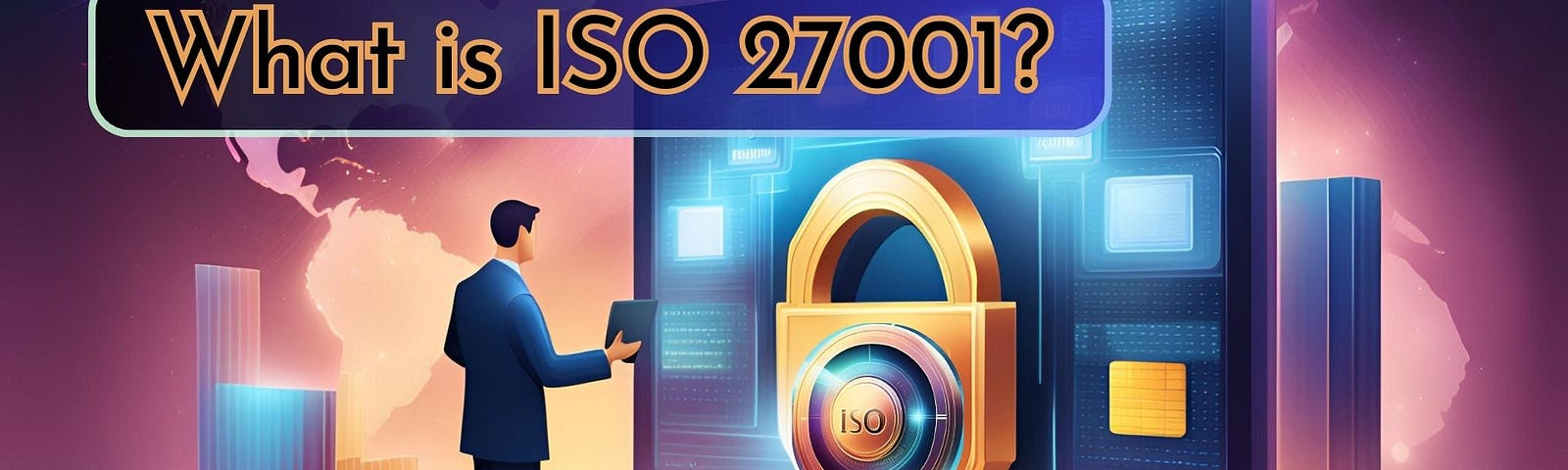 A digital image representing ISO/IEC 27001 and its impact on financial operations, with elements of security and payments integrated. The top left corner of the image features the theme of the title, stating “What is ISO 27001?” in black lettering outlined in gold using thin professional lettering, which is overlaid on top of a circular rectangle with a black and dark blue gradient and transparent, which is also outlined in the same light purple. The Alternative Payments logo, in white and grey.