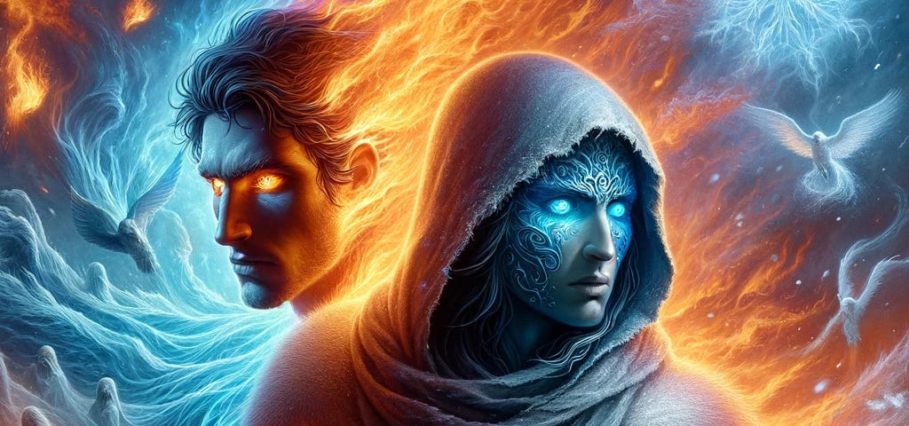 Epic battle of fire hero with sea-like eyes versus ice villain in frost realm, illustrating a vivid saga of conflict, unity, and destiny. A masterpiece of sacrifice and rebirth in a fantastical world.