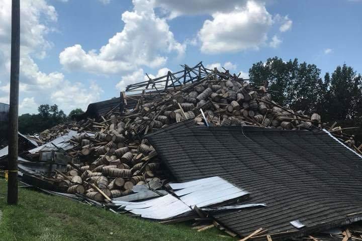 The aftermath following the collapse of the remainder of a whiskey warehouse at the Barton 1792 Distillery in Bardstown, Kentucky July 4, 2018. Photo courtesy Billy Mattingly/Bardstown Fire Department.