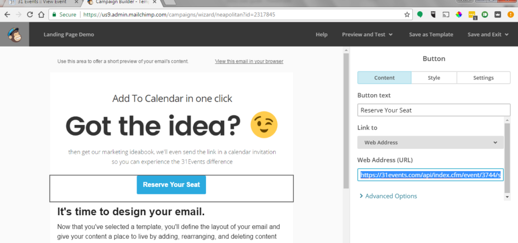 31Events Add CTA Link in MailChimp