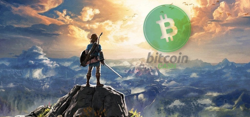 A warrior holding a sword and shield on top of a cliff looking at a majestic scenery of fields and mountains with the sun and a Bitcoin Cash logo at the back.