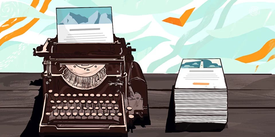 The illustration depicts a typewriter and a pile of letters