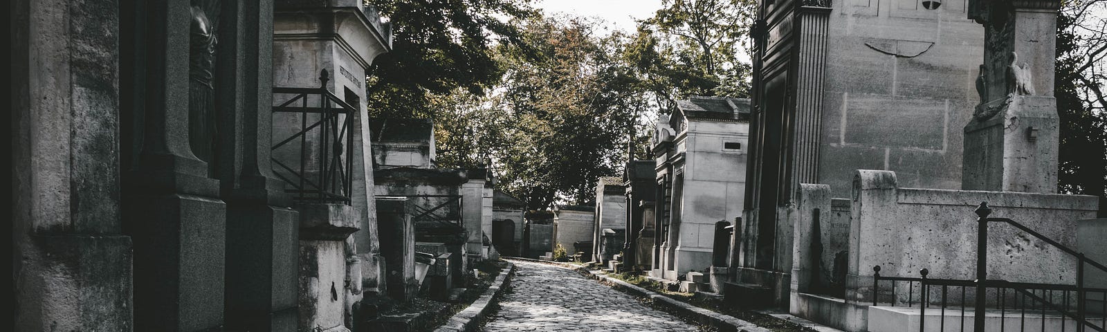 An almost black & white, i.e. grey photo of a stone cobble-stoned path in a cemetery flanked with tall private mausoleums.