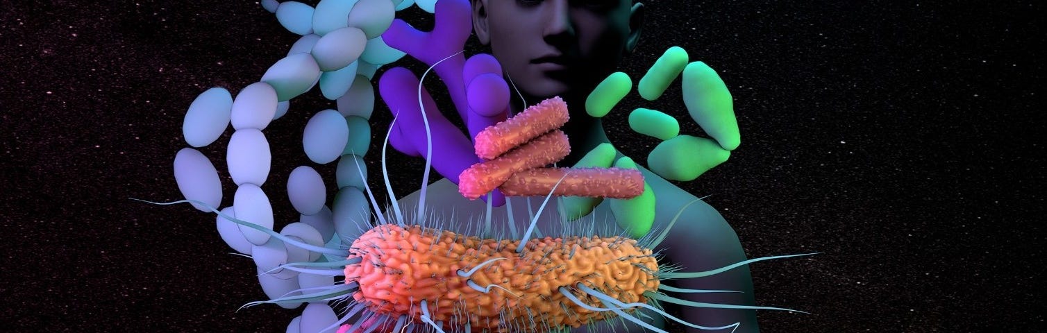 Illustration of a human body with superimposed images representing the microbiome. Illustration by Design Cells/Getty Images