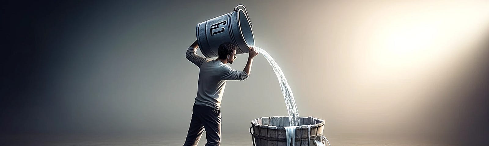 ChatGPT & DALL-E generated panoramic image of a person pouring water into a leaking bucket labeled “H2,” illustrating the concept of futile effort and loss.