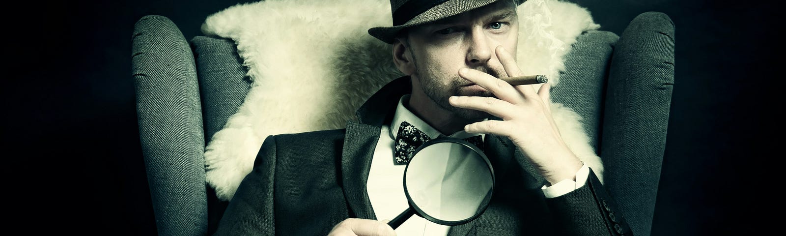 man sitting in the spotlight with a cigar and a magnifying glass