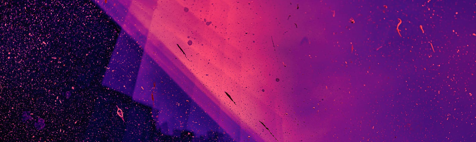 Abstract painting, black background with purple and pink layers.