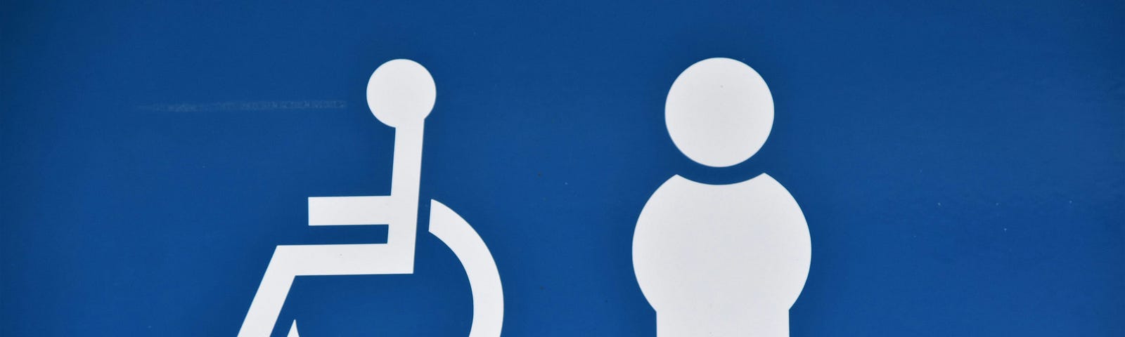 A blue background with white stencils of a person in a wheelchair and a fat person side by side.