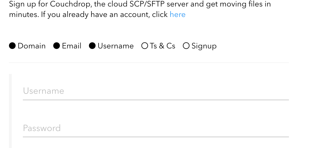The registration form used to create a Cloud SFTP server through the Couchdrop website