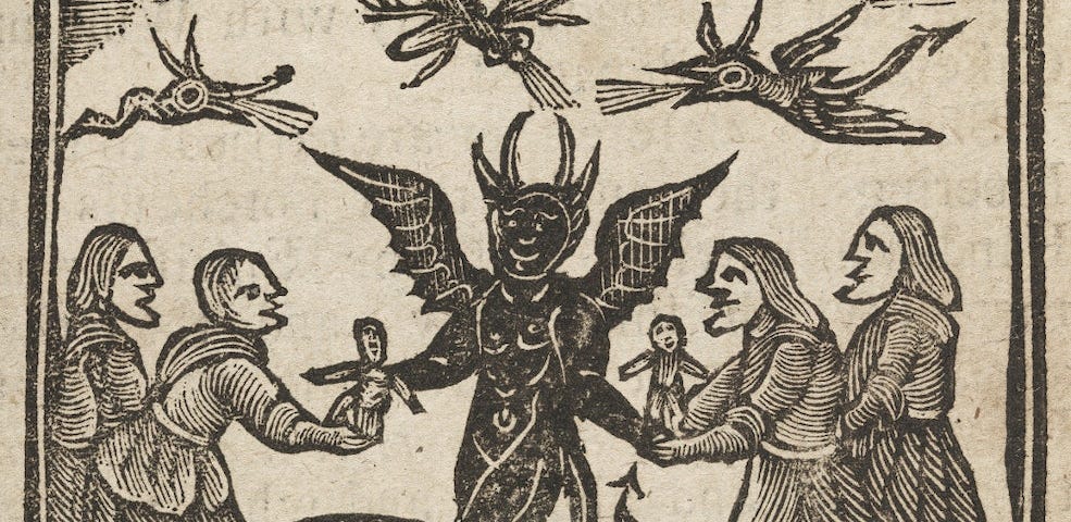 A medieval style graphic of the devil surrounded by people