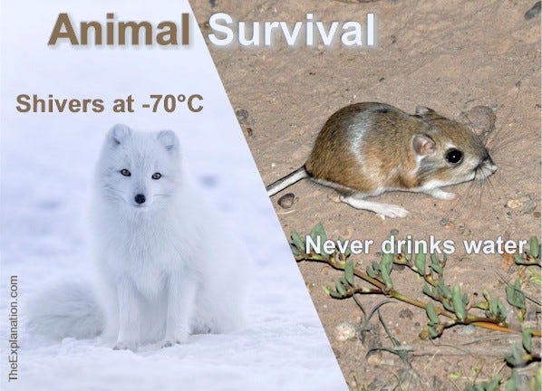 Animal survival in extremes, heat, cold, depths, altitudes and movement speed and endurance are far superior to humans.