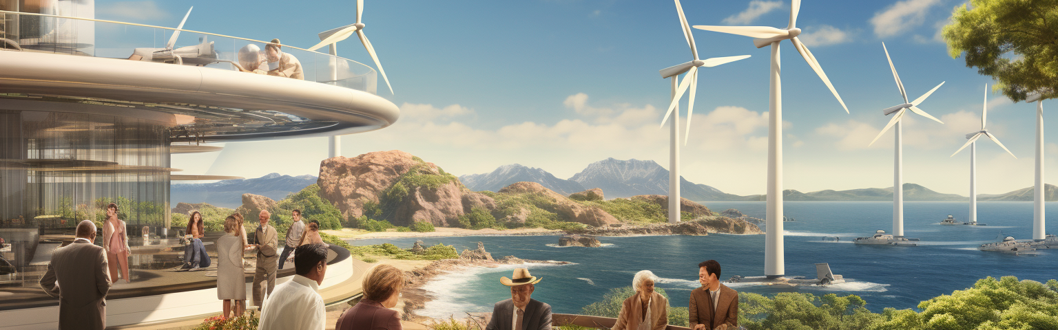 Midjourney generated image of rich people on waterfront estate with wind turbines in the background
