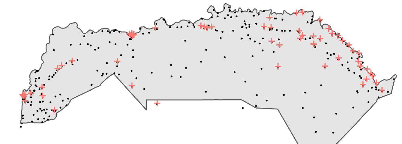 Map of locations of health facilities with emergency health services in the district of Saint Louis, Senegal