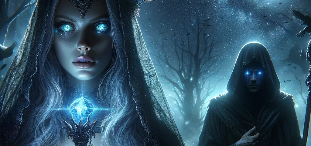 Enigmatic sorceress with glowing eyes stands in shadowed forest, mythical creatures watch as a cloaked hunter approaches, anticipation of magical duel fills the air.